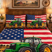 green tractor with an American flag quilt set, alternate view, AI-generated product mockup