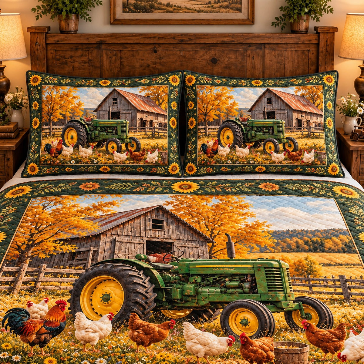 vintage tractor with chickens quilt set, alternate view, AI-generated product mockup