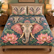 ornate elephant with pink lotus flowers quilt set, front view, AI-generated product mockup