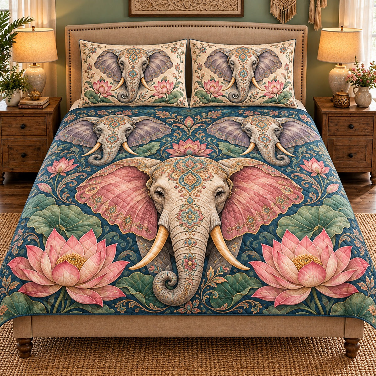 ornate elephant with pink lotus flowers quilt set, front view, AI-generated product mockup