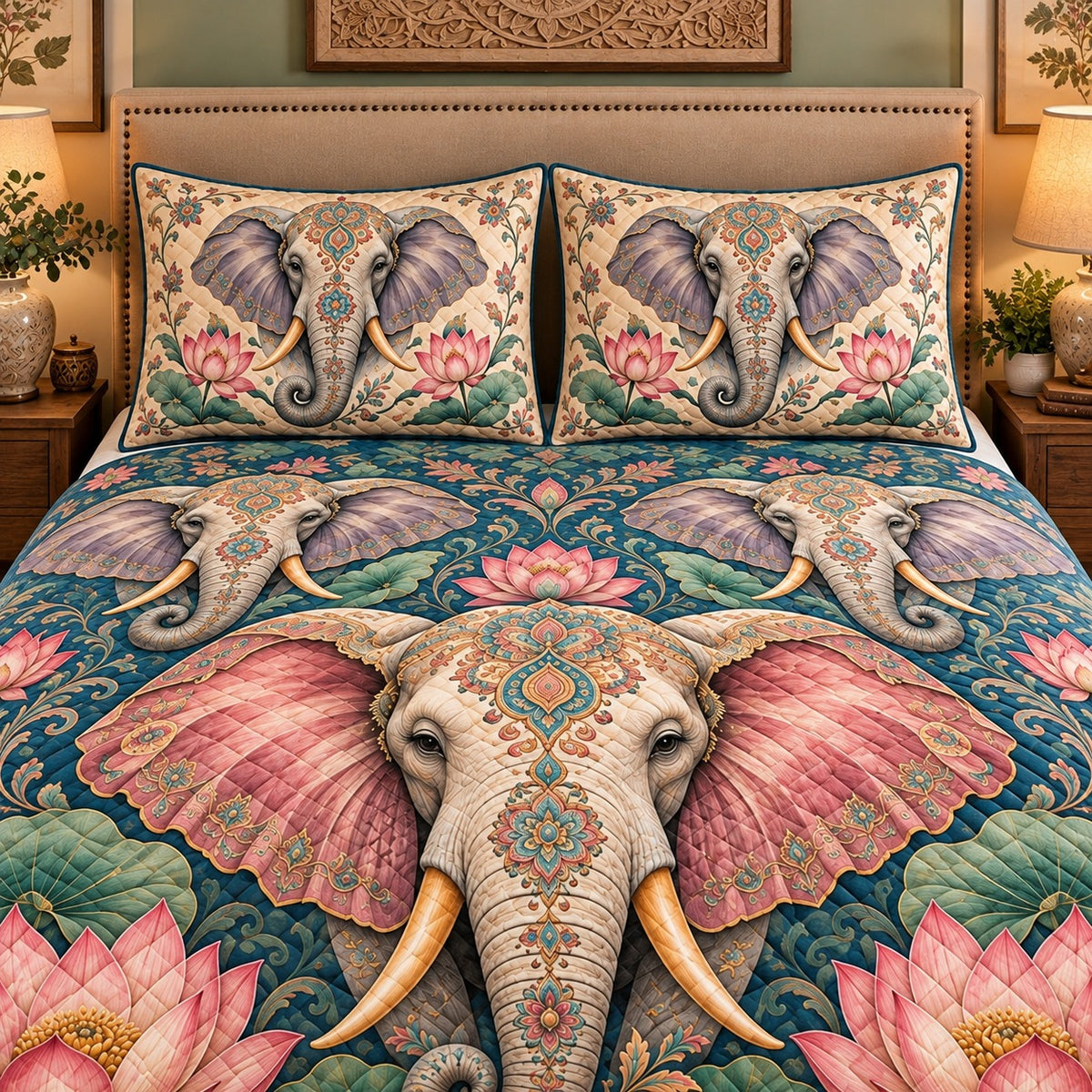 ornate elephant with pink lotus flowers quilt set, alternate view, AI-generated product mockup