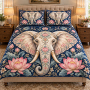 elephant surrounded by lotus flowers quilt set, front view, AI-generated product mockup