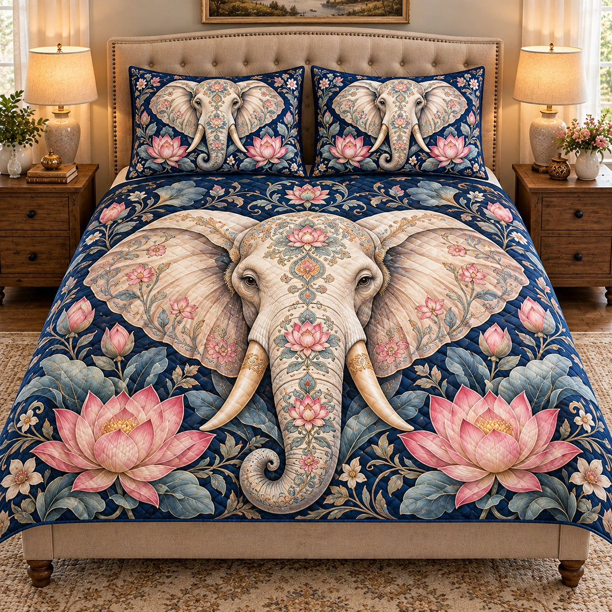 elephant surrounded by lotus flowers quilt set, front view, AI-generated product mockup