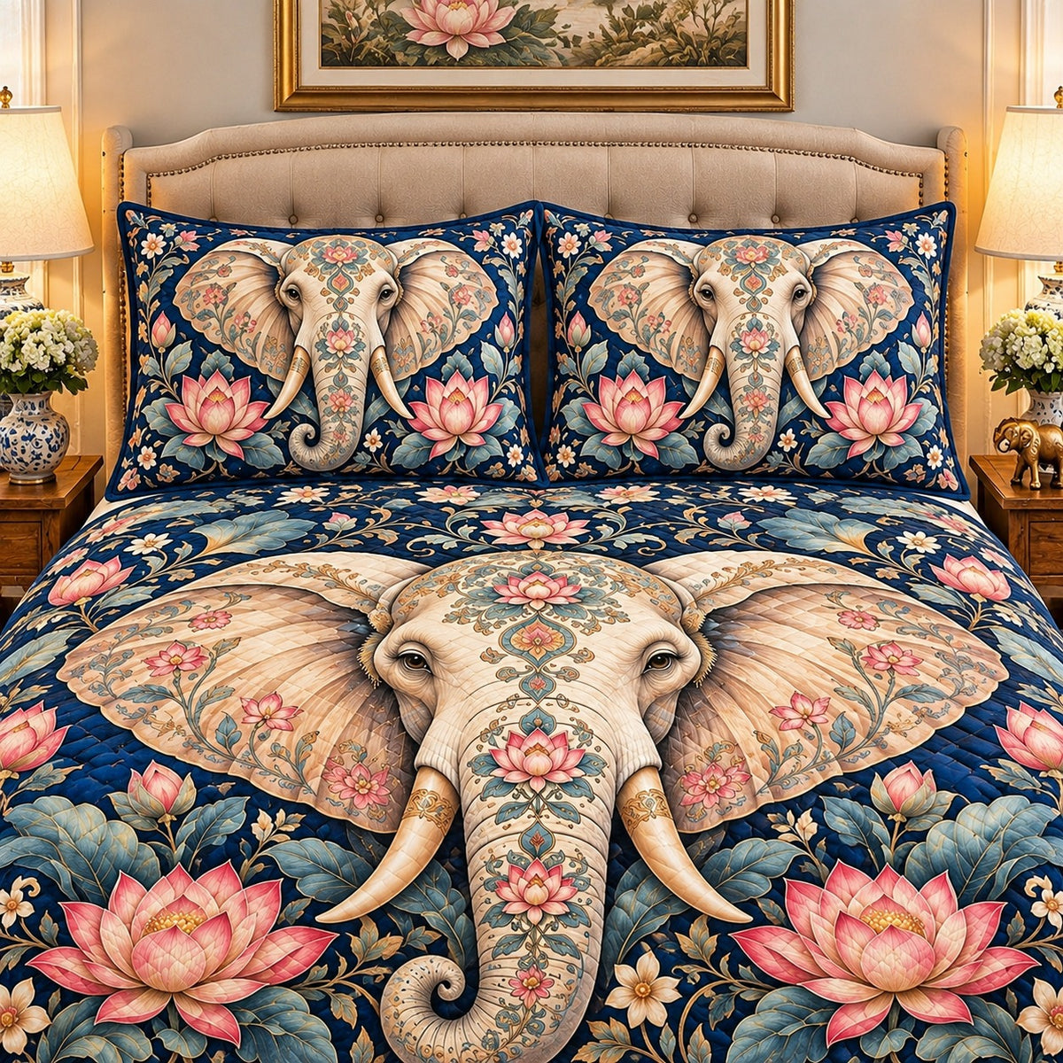 elephant surrounded by lotus flowers quilt set, alternate view, AI-generated product mockup