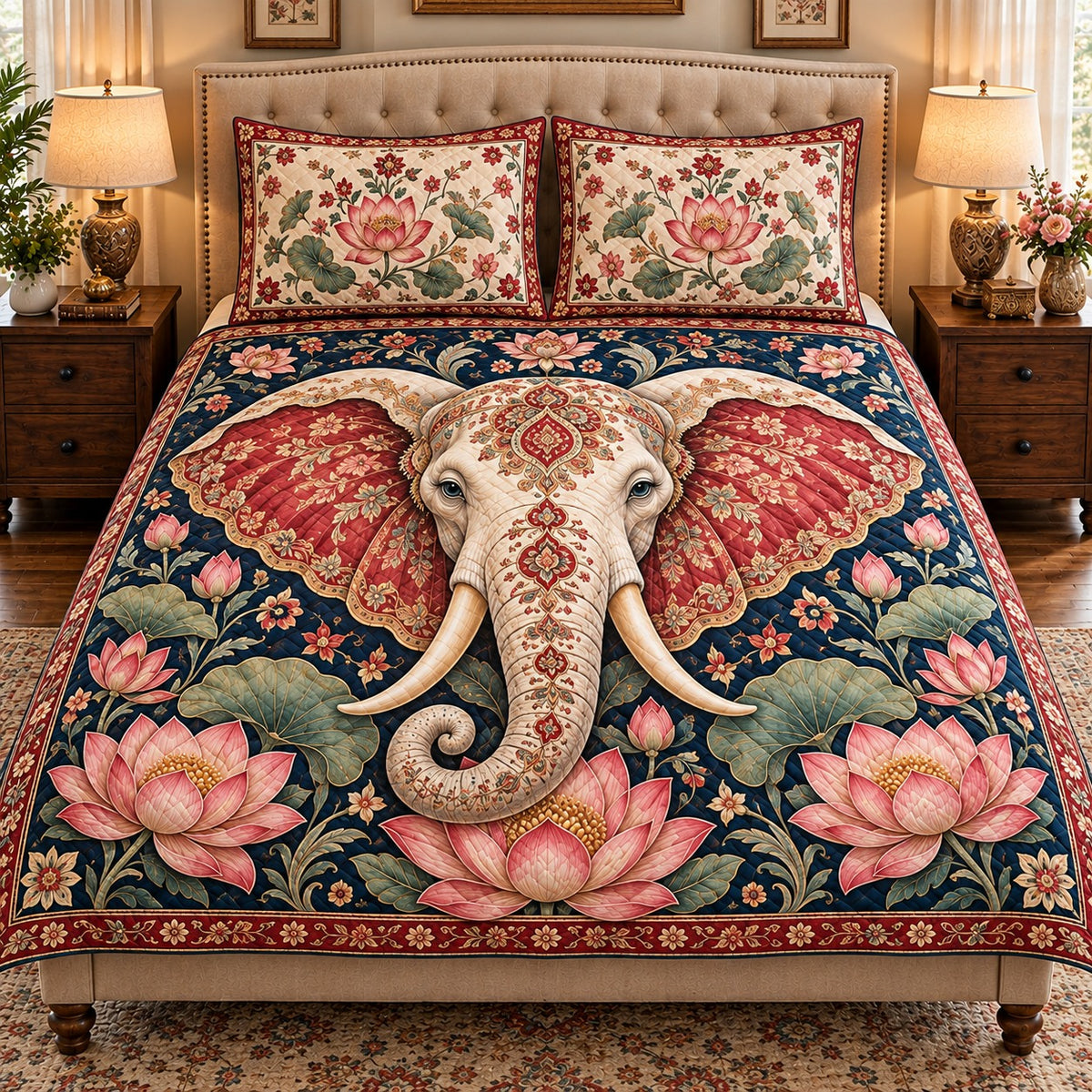 ornate elephant with red lotus flowers quilt set, front view, AI-generated product mockup