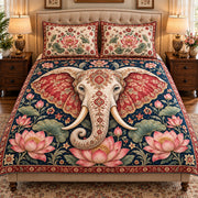 ornate elephant with red lotus flowers quilt set, front view, AI-generated product mockup