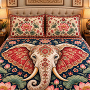 ornate elephant with red lotus flowers quilt set, alternate view, AI-generated product mockup