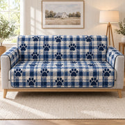 Blue Plaid Paw Print Sofa Cover, AI-generated mockup