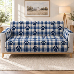 Blue Plaid Paw Print Sofa Cover, Cozy Couch Gift for Pet Lovers