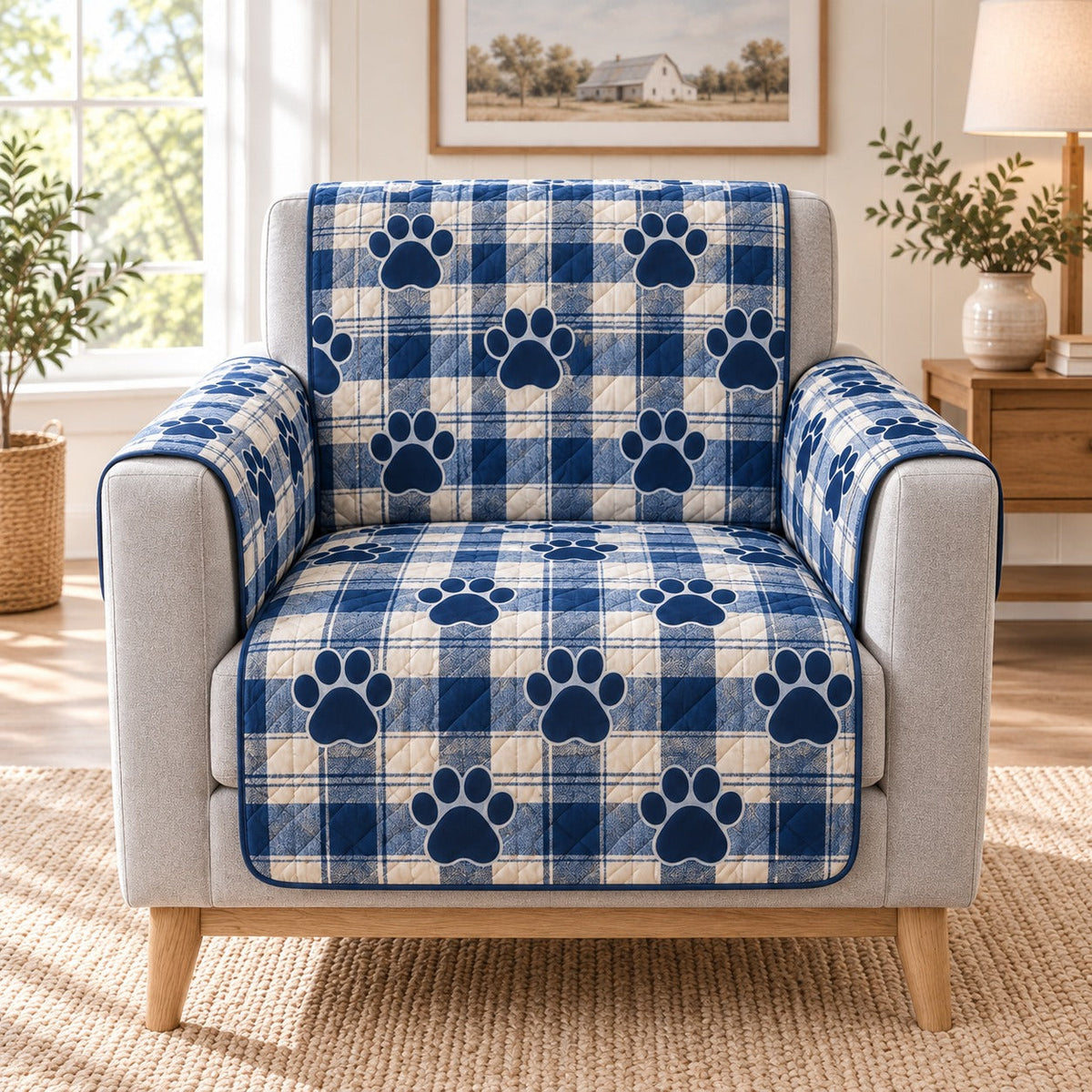 Blue Plaid Paw Print Sofa Cover, AI-generated mockup