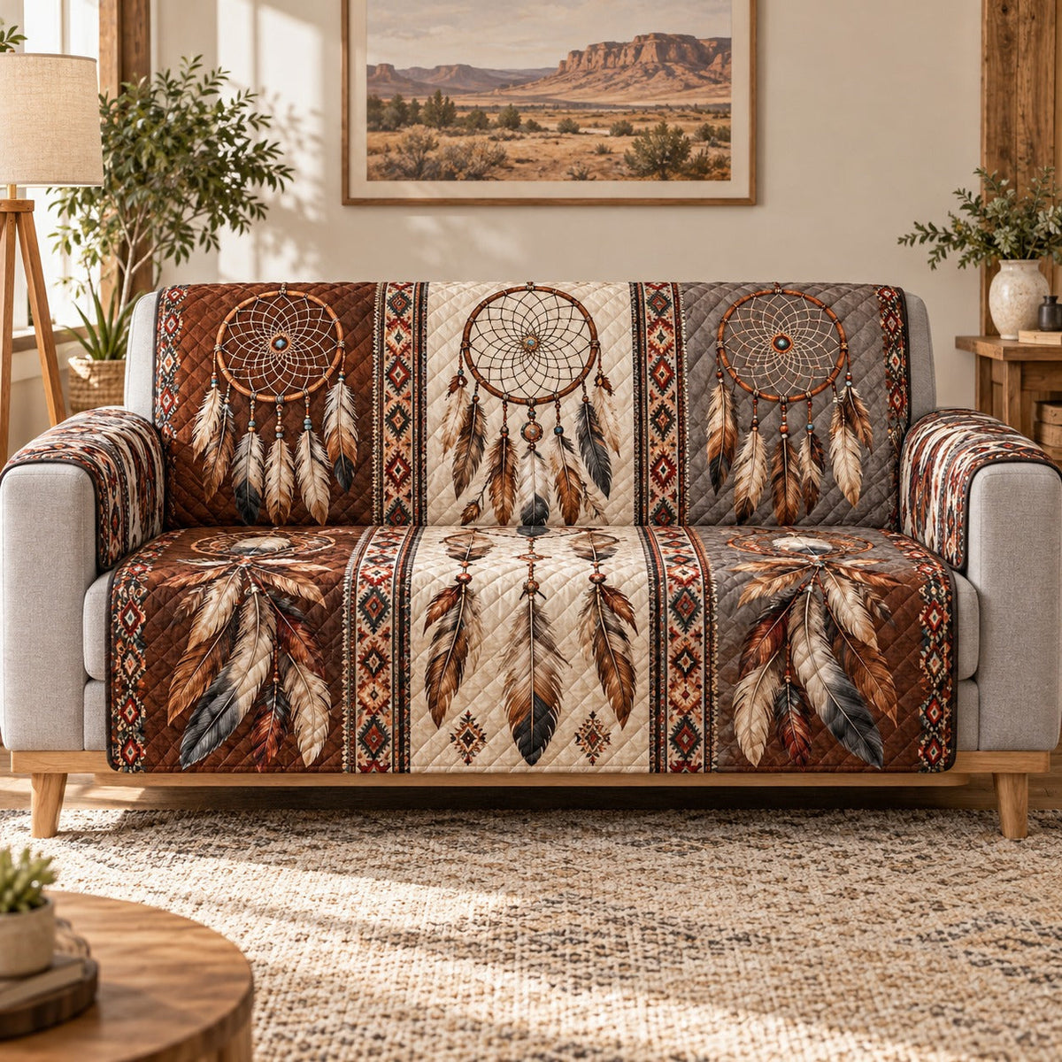 Dreamcatcher Feather Sofa Cover, AI-generated mockup