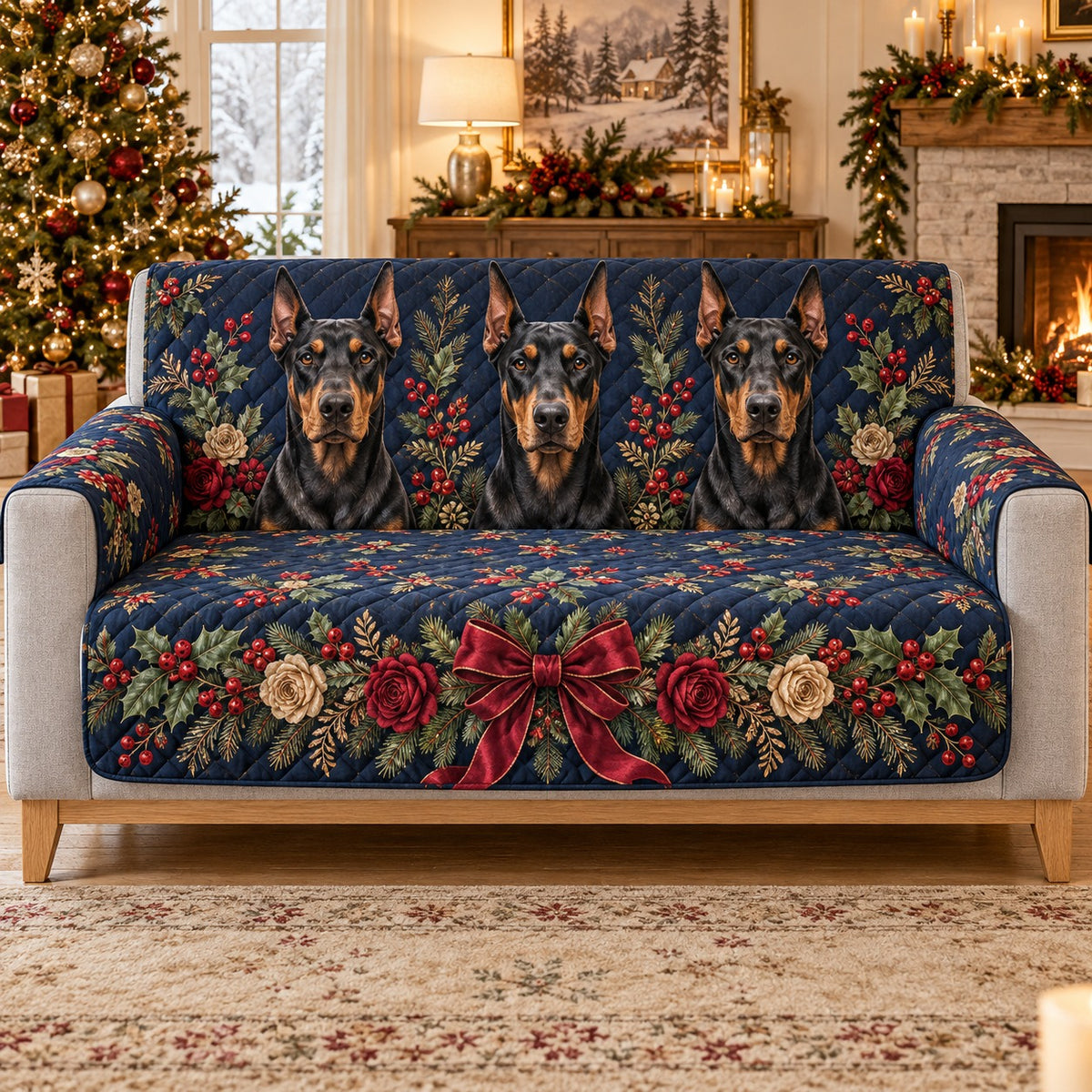 Christmas Doberman Quilt Set, Festive Floral Gift for Doberman Owners — front AI mockup