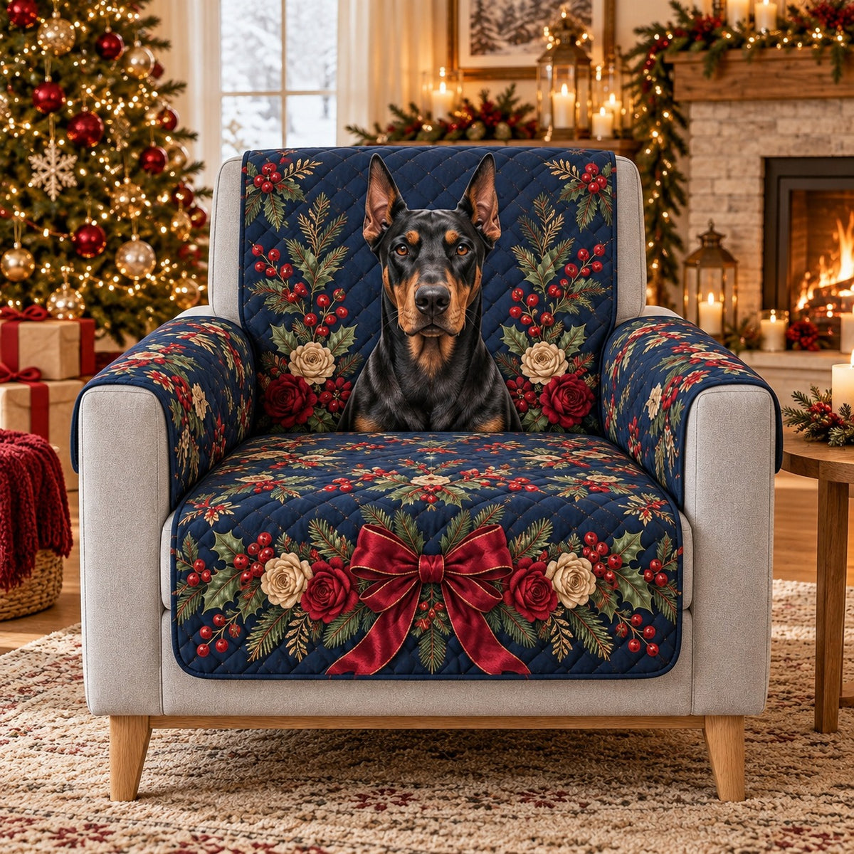 Christmas Doberman Quilt Set, Festive Floral Gift for Doberman Owners — alternate AI mockup