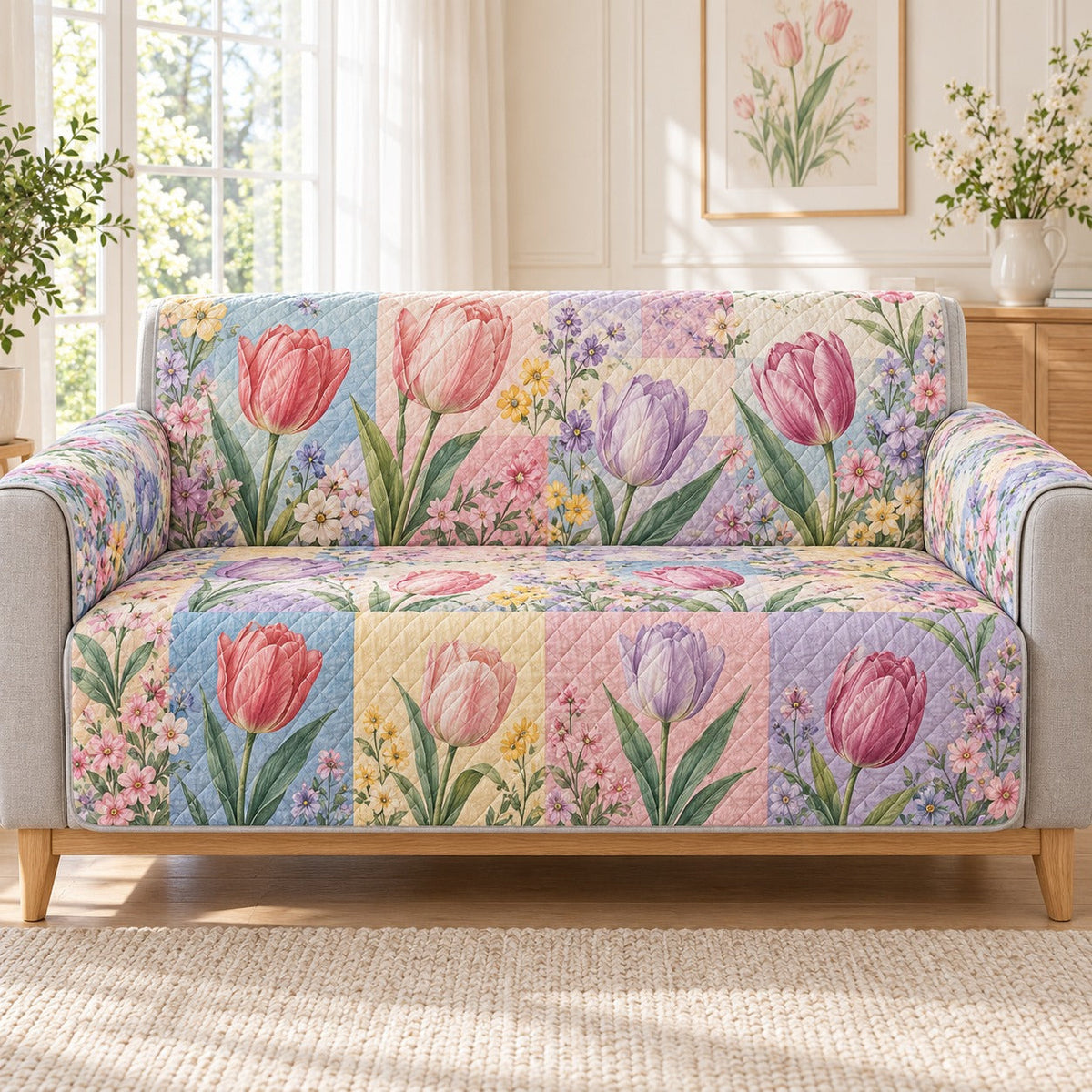 Pastel Tulip Garden Sofa Cover, AI-generated mockup