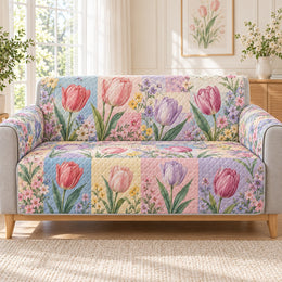 Pastel Tulip Garden Sofa Cover, Cottage Couch Gift for Tulip Lovers