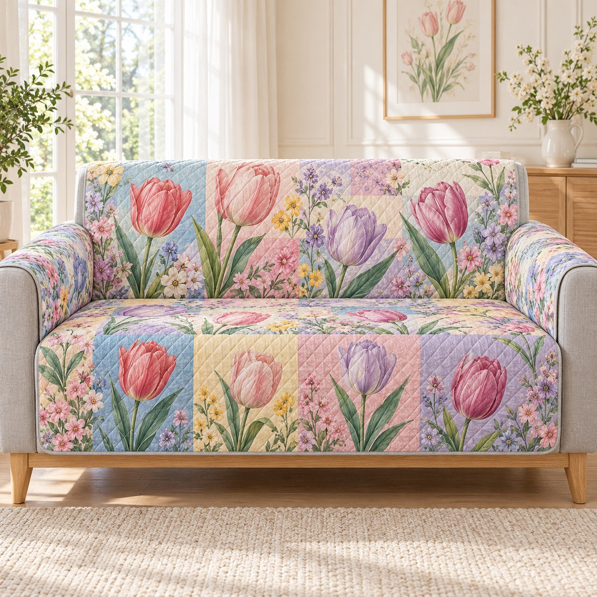 Pastel Tulip Garden Quilt Set, Cottage Bedding Gift for Tulip Lovers — front AI mockup