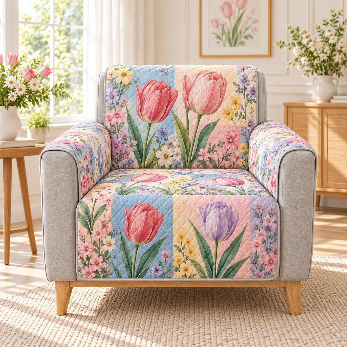 Pastel Tulip Garden Sofa Cover, AI-generated mockup