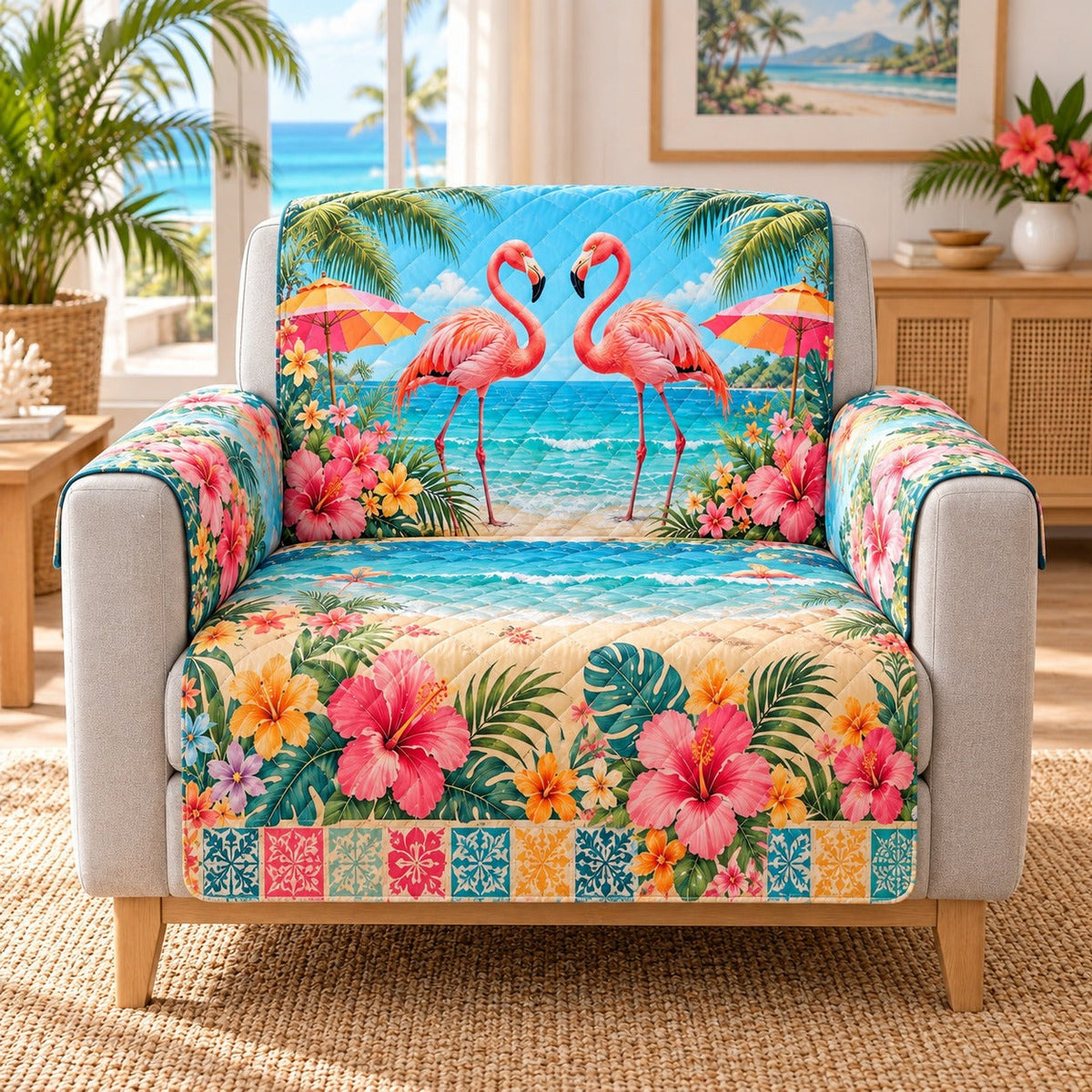 Flamingo Beach Sofa Cover, AI-generated mockup
