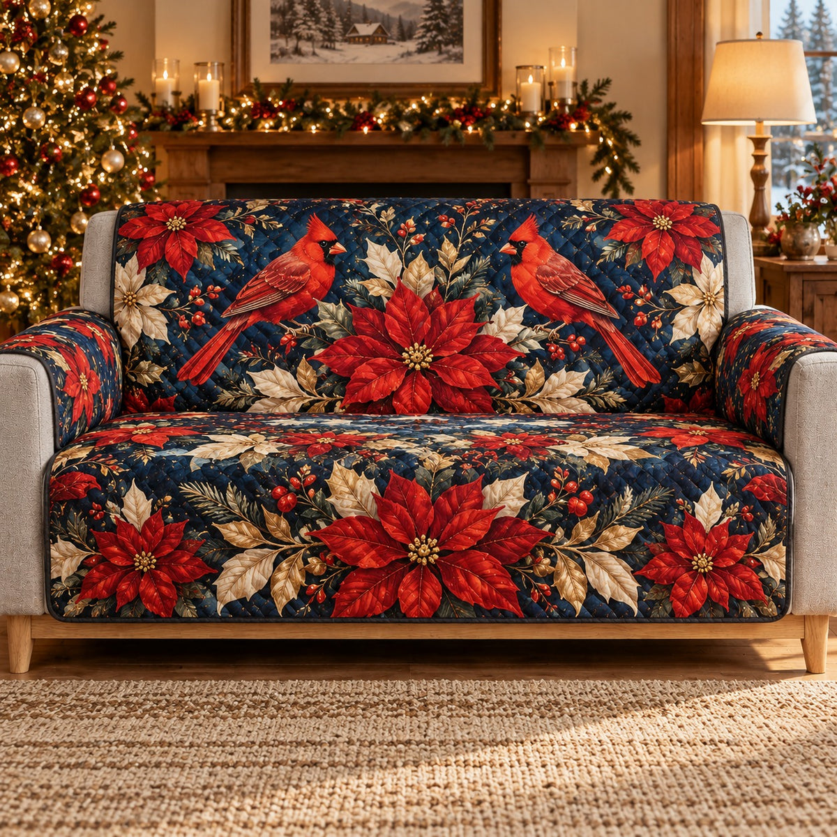 Cardinal Poinsettia Quilt Set, Christmas Gift for Bird and Poinsettia Lovers — front AI mockup