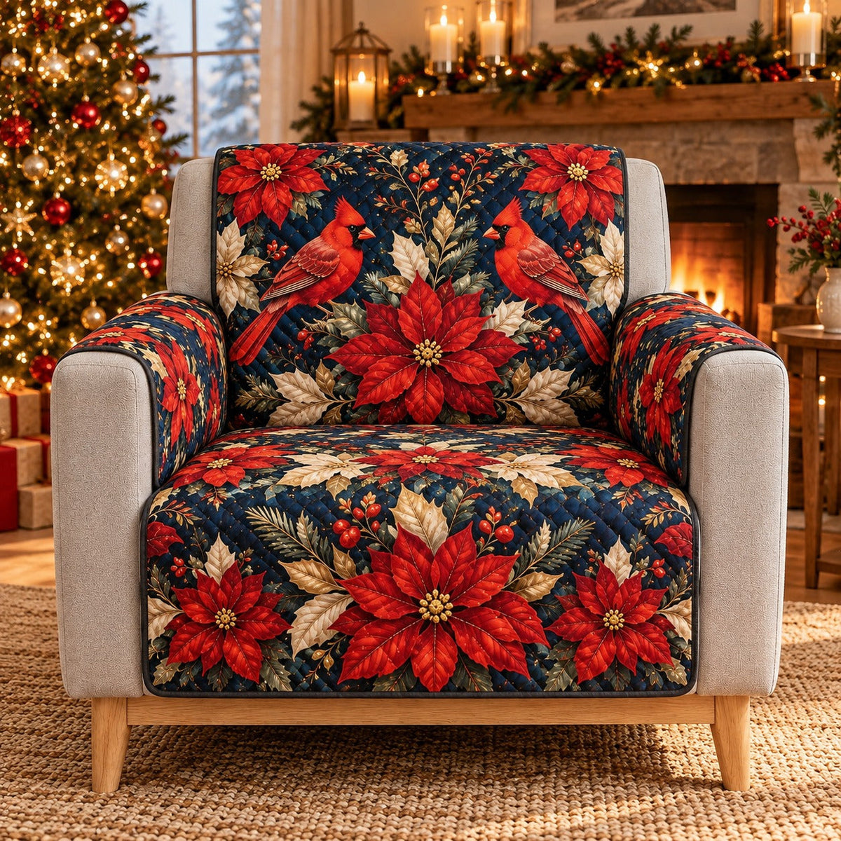 Cardinal Poinsettia Sofa Cover, AI-generated mockup