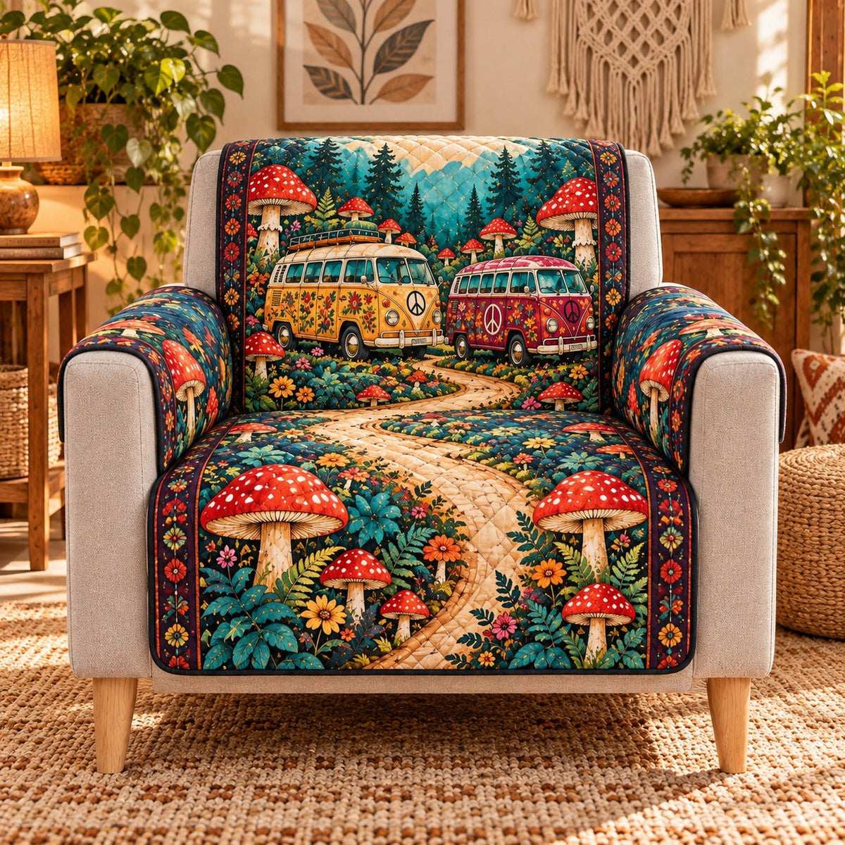 Camper Mushroom Forest Sofa Cover, AI-generated mockup