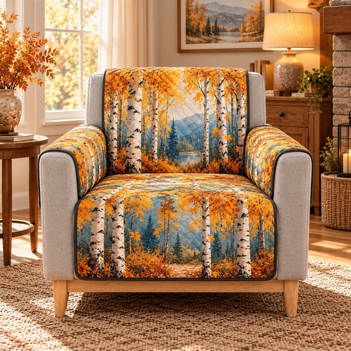 Autumn Birch Forest Sofa Cover, AI-generated mockup