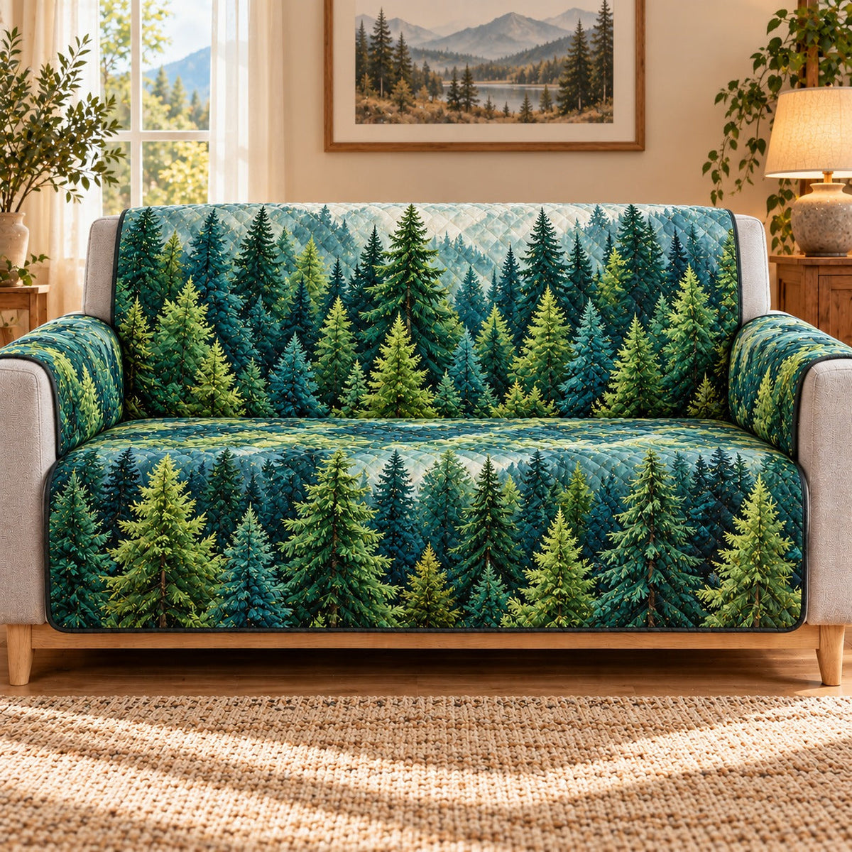 Evergreen Pine Forest Sofa Cover, AI-generated mockup