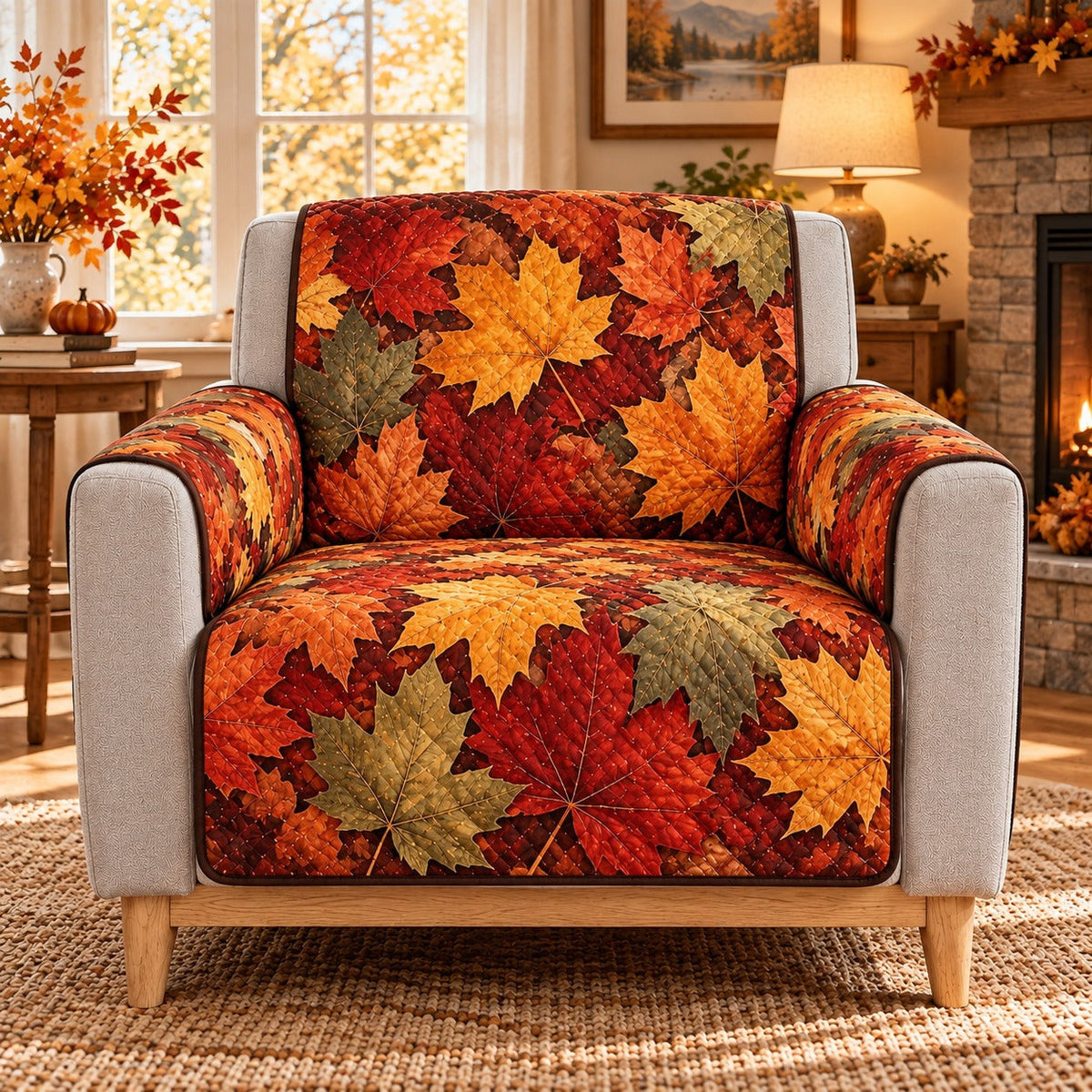 Autumn Maple Leaf Sofa Cover, AI-generated mockup
