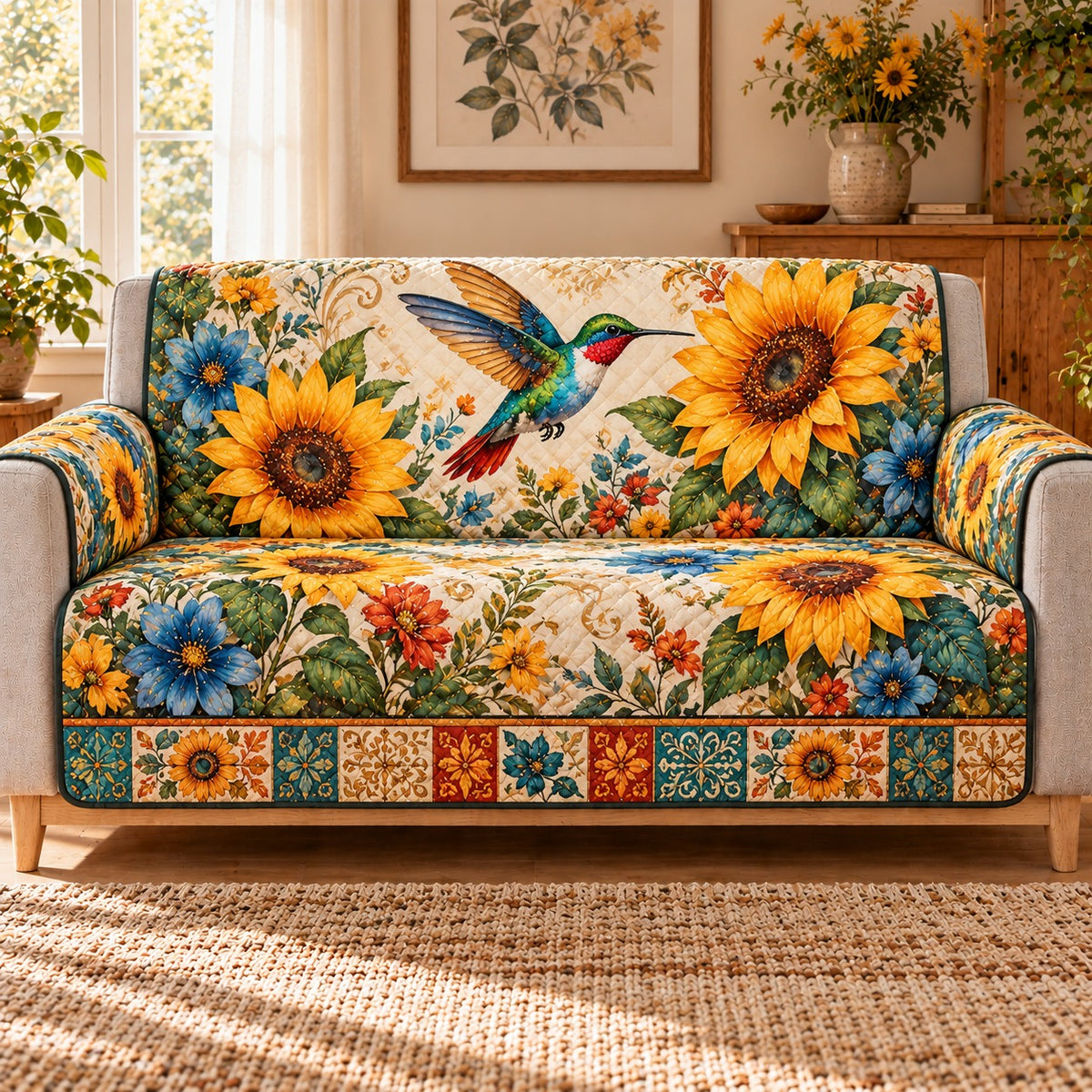 Hummingbird Sunflower Quilt Set, Gift for Bird and Sunflower Lovers — front AI mockup