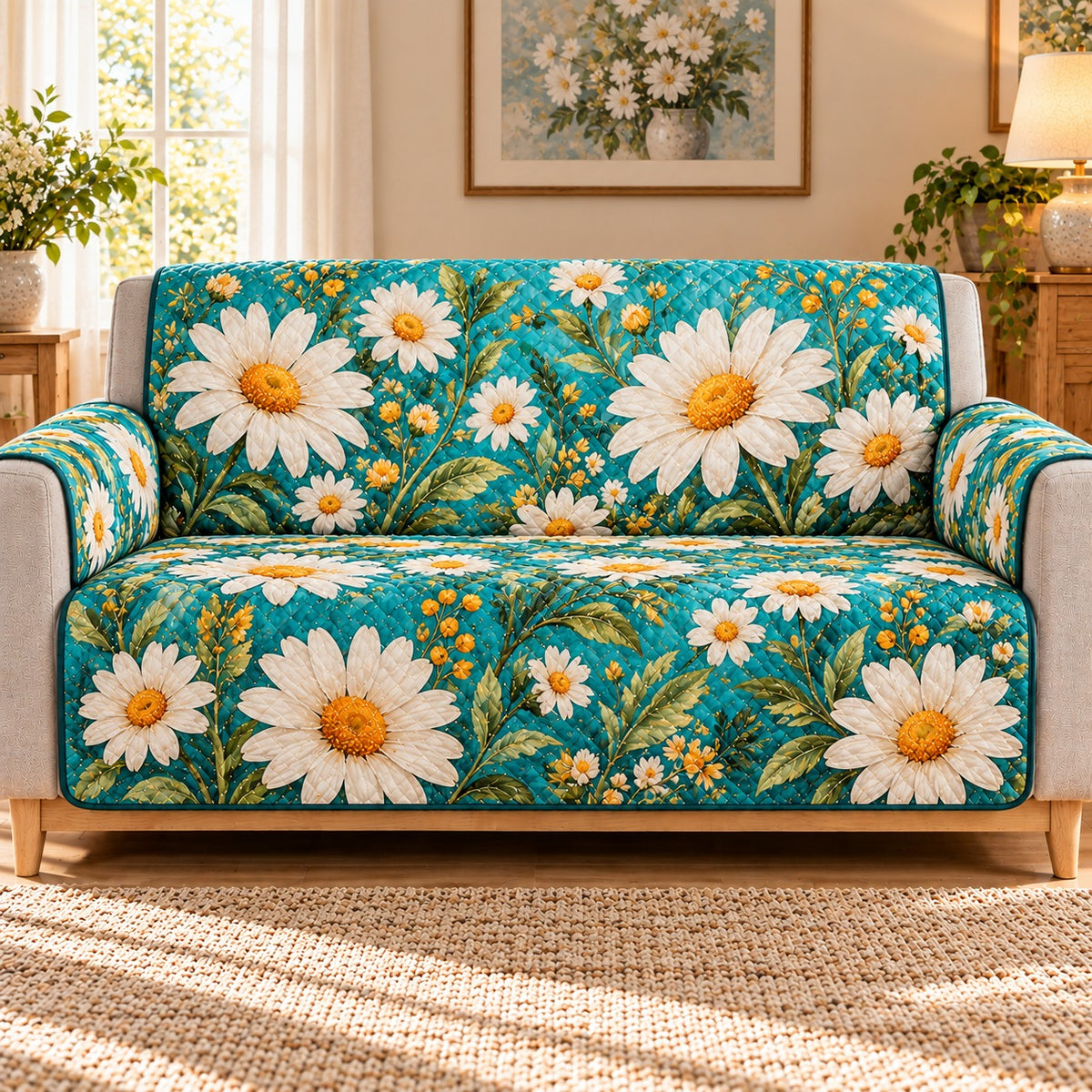 White Daisy Turquoise Quilt Set, Cottage Gift for Daisy Lovers — front AI mockup