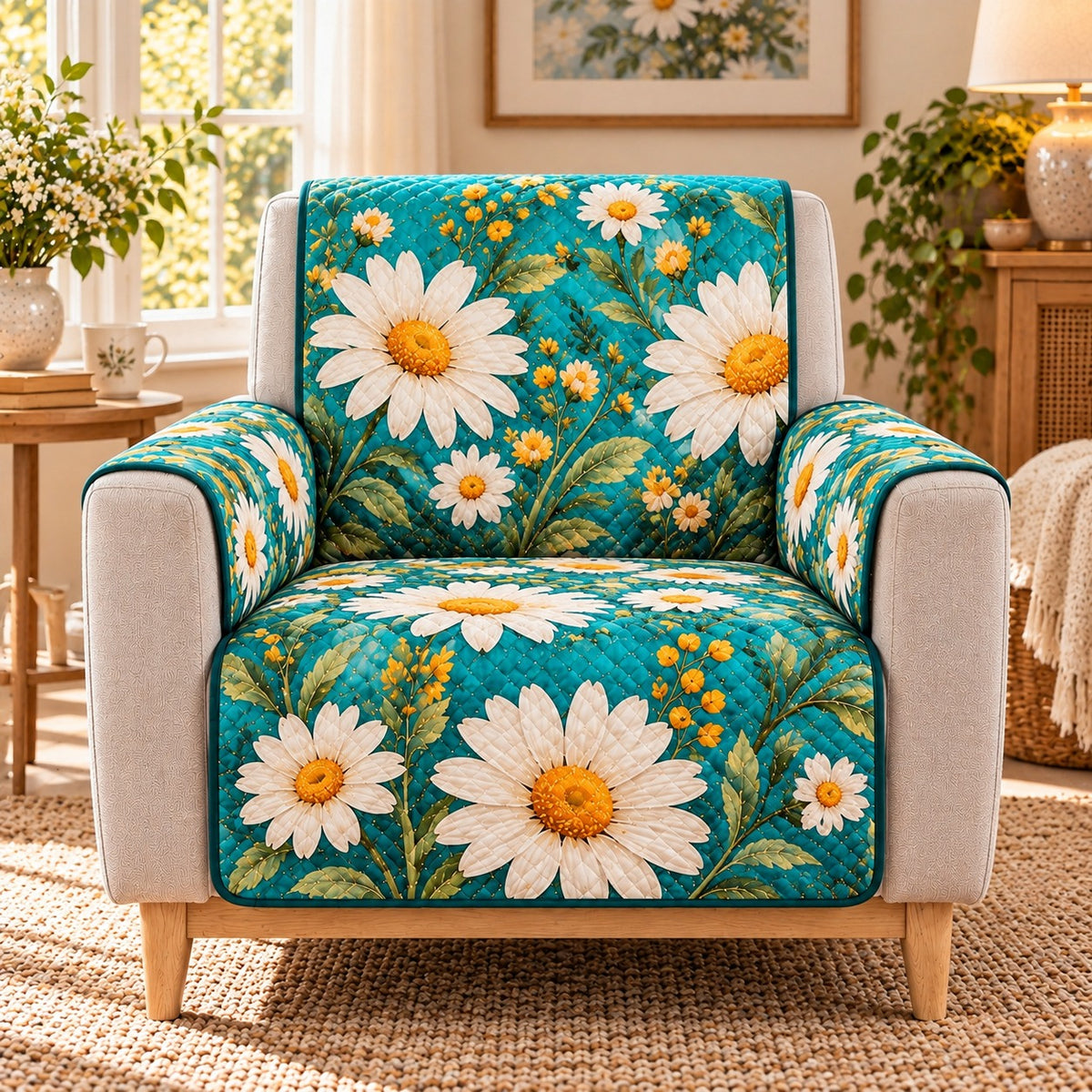 White Daisy Turquoise Quilt Set, Cottage Gift for Daisy Lovers — alternate AI mockup