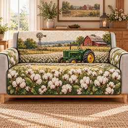 Cotton Field Tractor Quilt Set, Farmhouse Gift for Farmers and Cotton Lovers