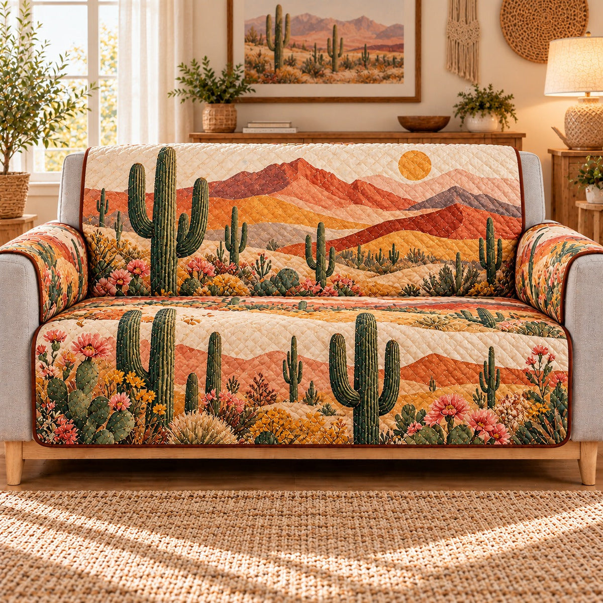 Desert Cactus Landscape Sofa Cover, AI-generated mockup