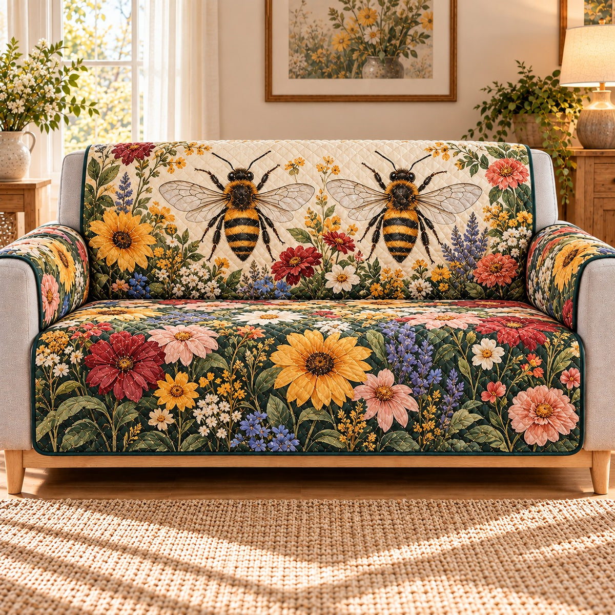 Honey Bee Wildflower Quilt Set, Garden Gift for Beekeepers and Gardeners — front AI mockup