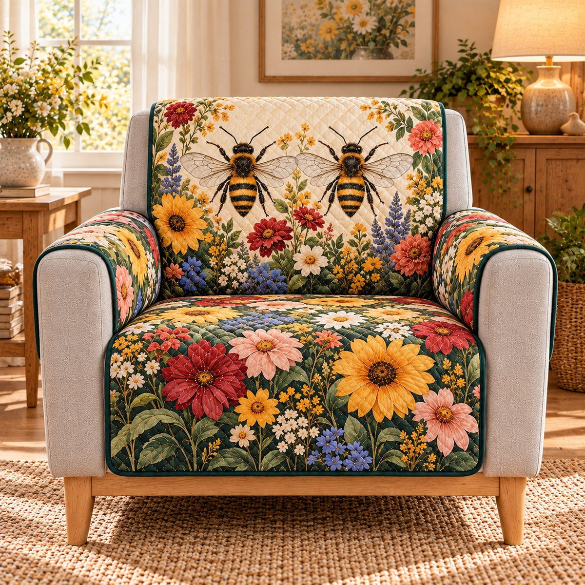 Honey Bee Wildflower Sofa Cover, AI-generated mockup