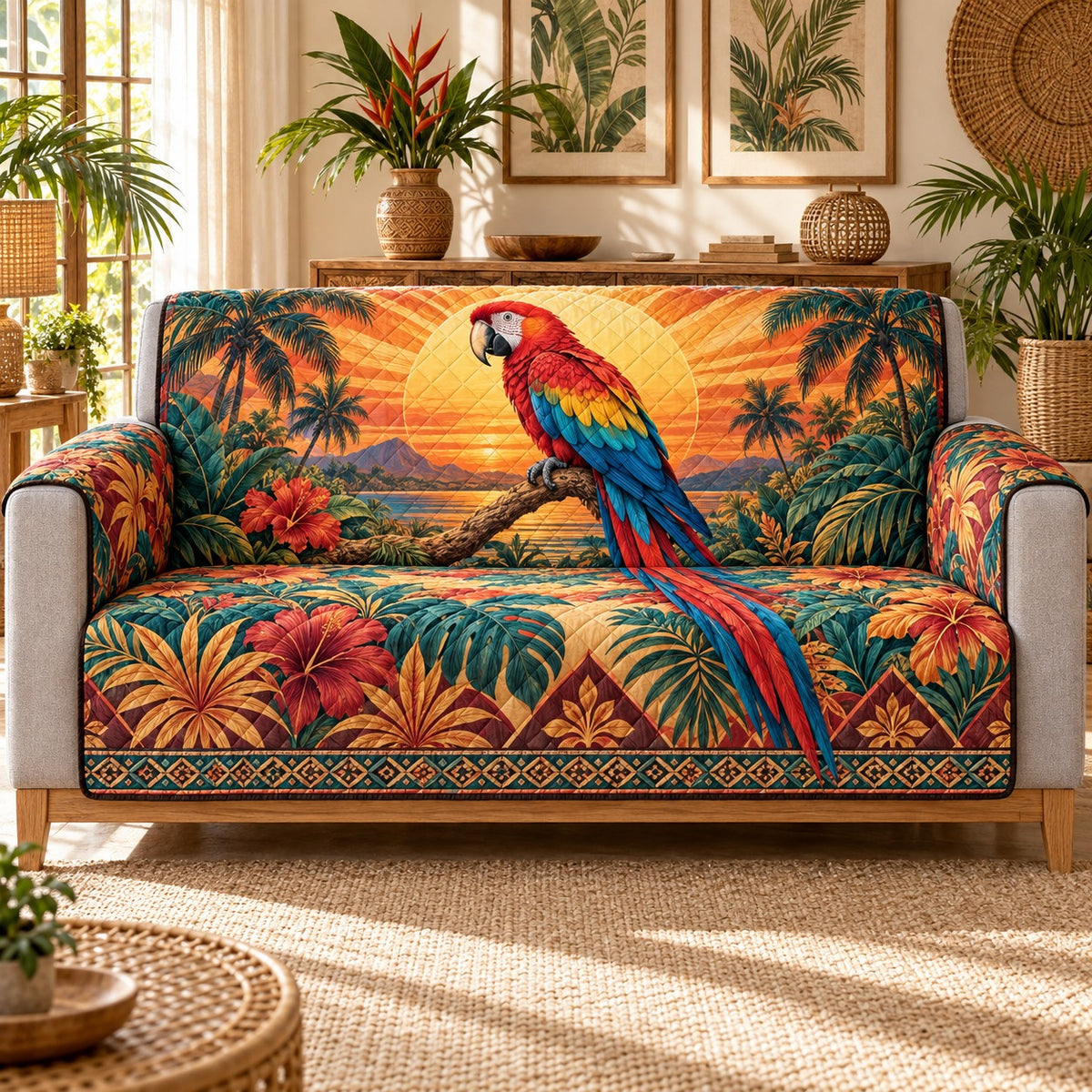 Scarlet Macaw Sunset Quilt Set, Tropical Gift for Parrot Lovers — front AI mockup