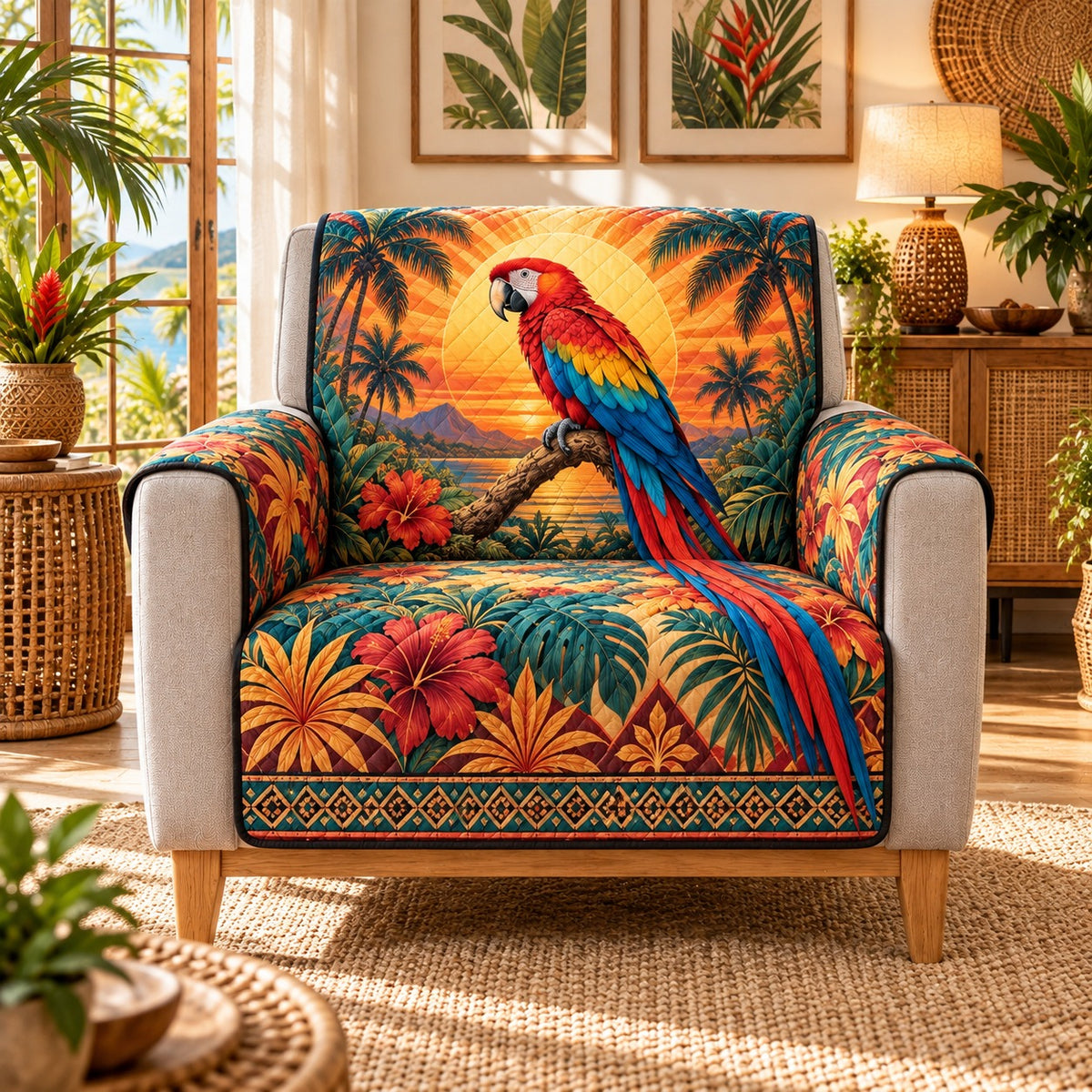 Scarlet Macaw Sunset Quilt Set, Tropical Gift for Parrot Lovers — alternate AI mockup
