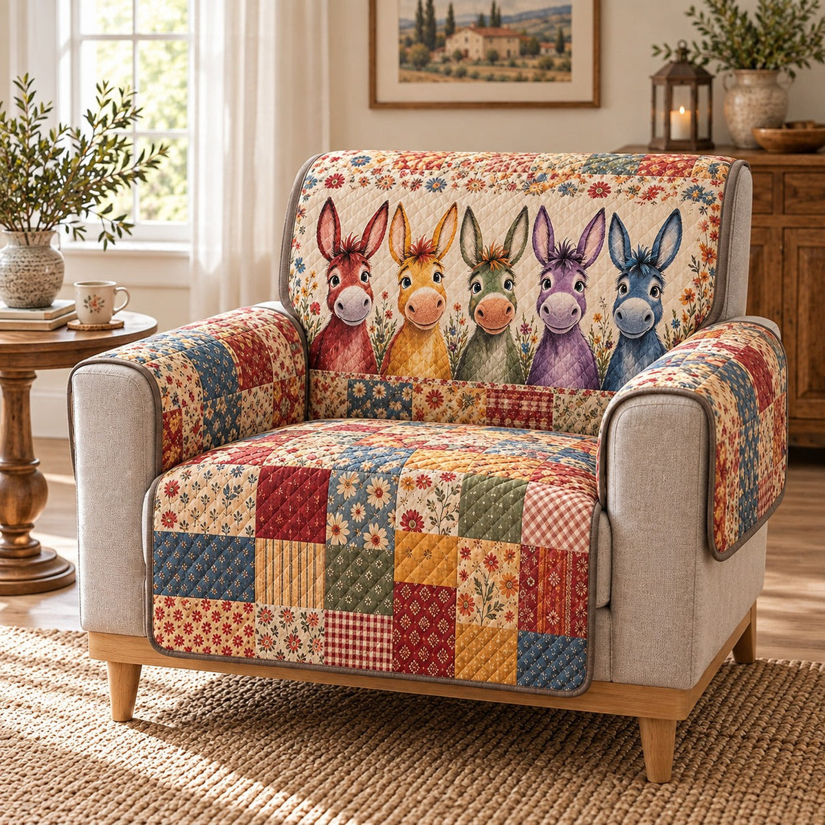 Colorful Donkey Patchwork Sofa Cover, AI-generated mockup