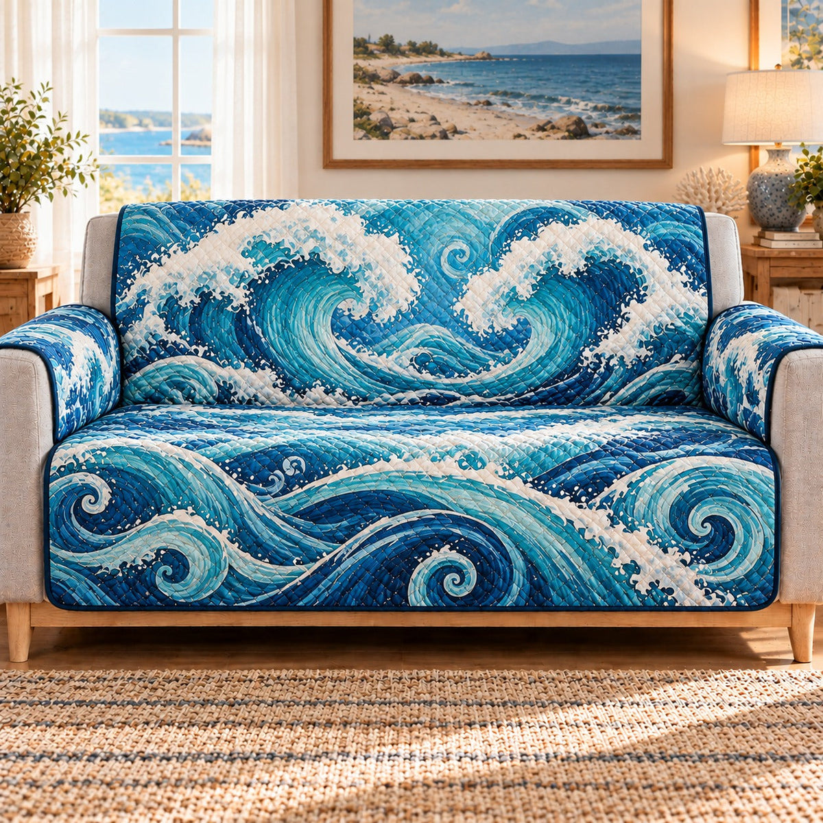Ocean Wave Sofa Cover, AI-generated mockup