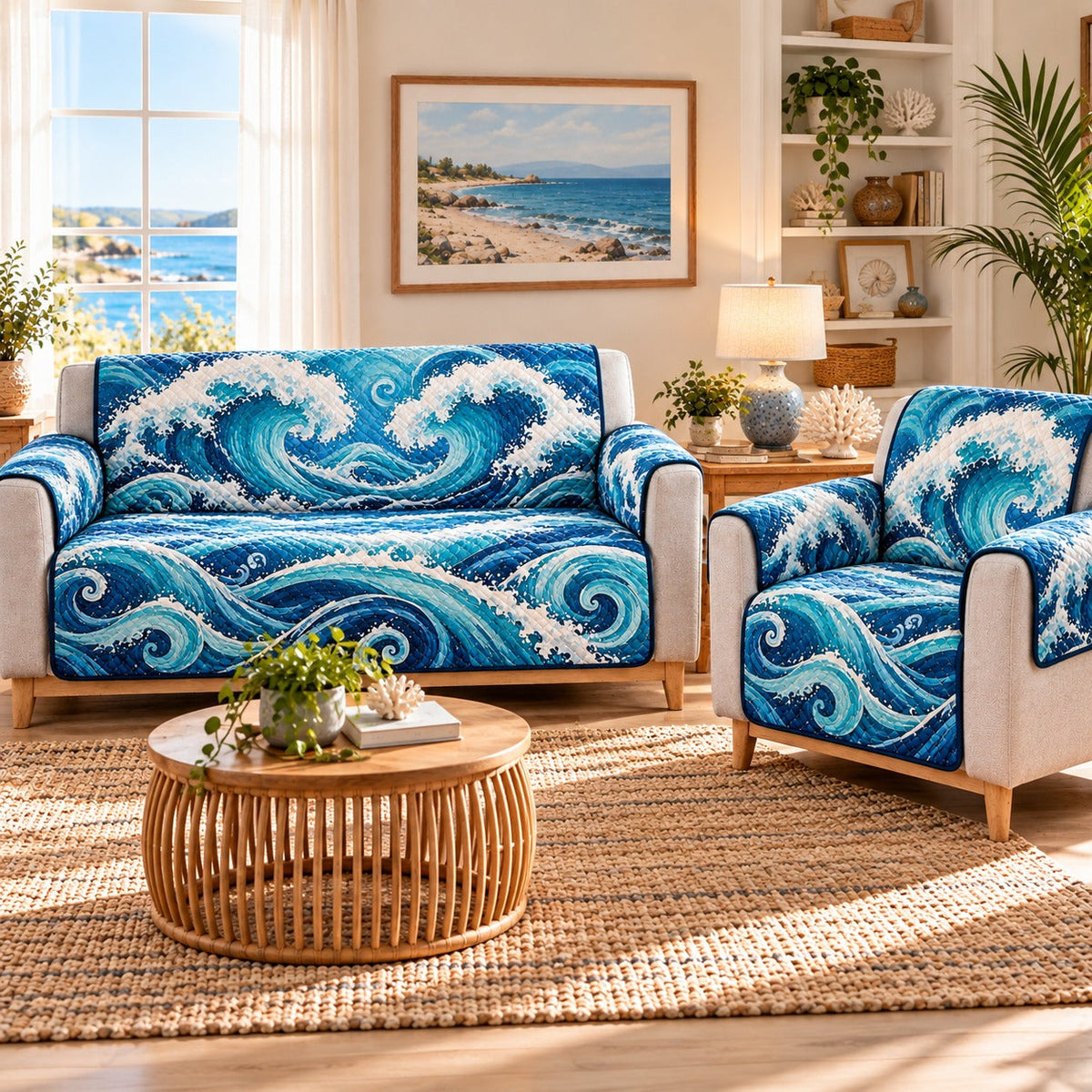 Ocean Wave Sofa Cover, AI-generated mockup