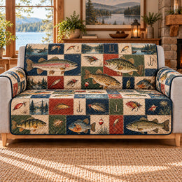 Trout Fishing Patchwork Sofa Cover, Rustic Cabin Gift for Anglers