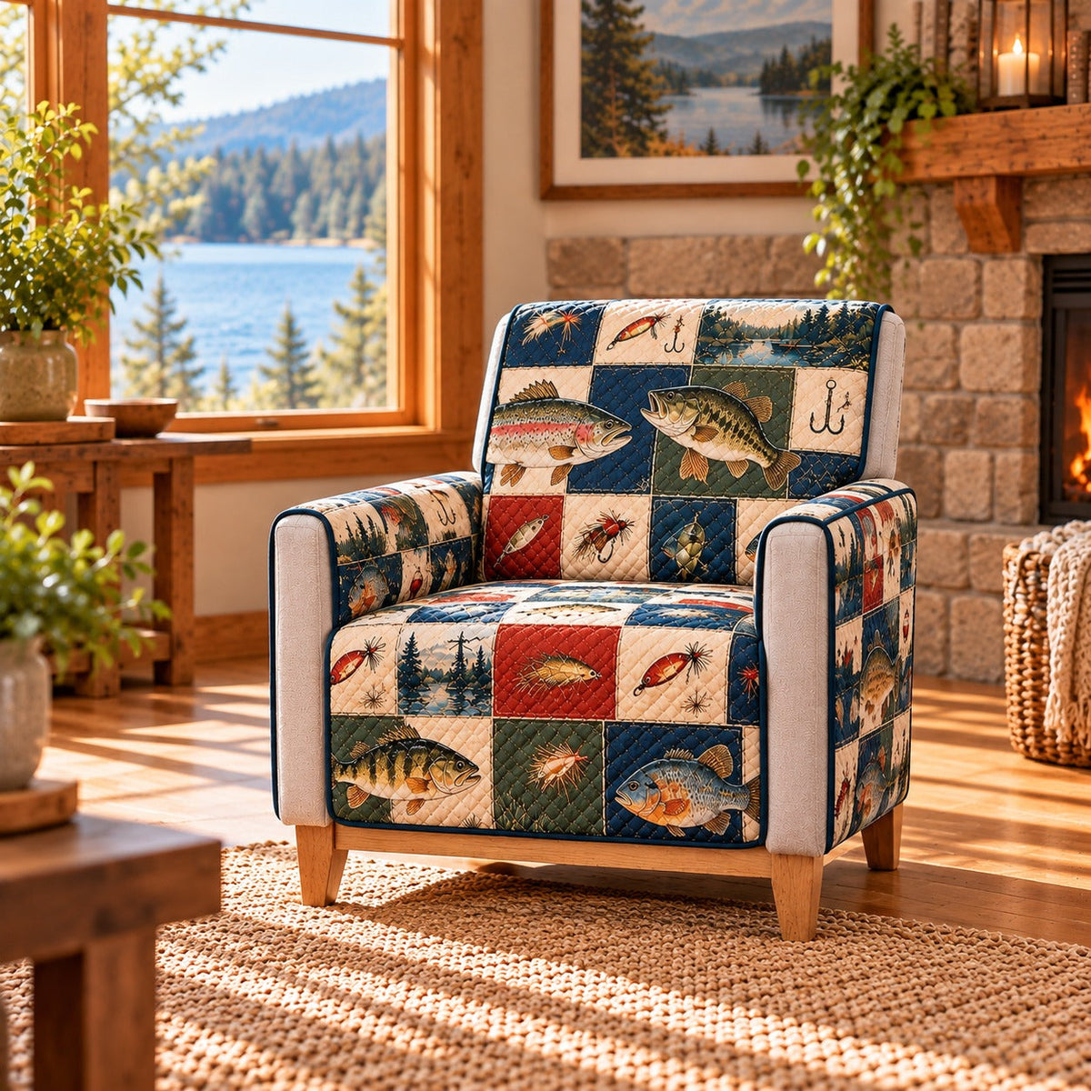 Trout Fishing Patchwork Sofa Cover, AI-generated mockup