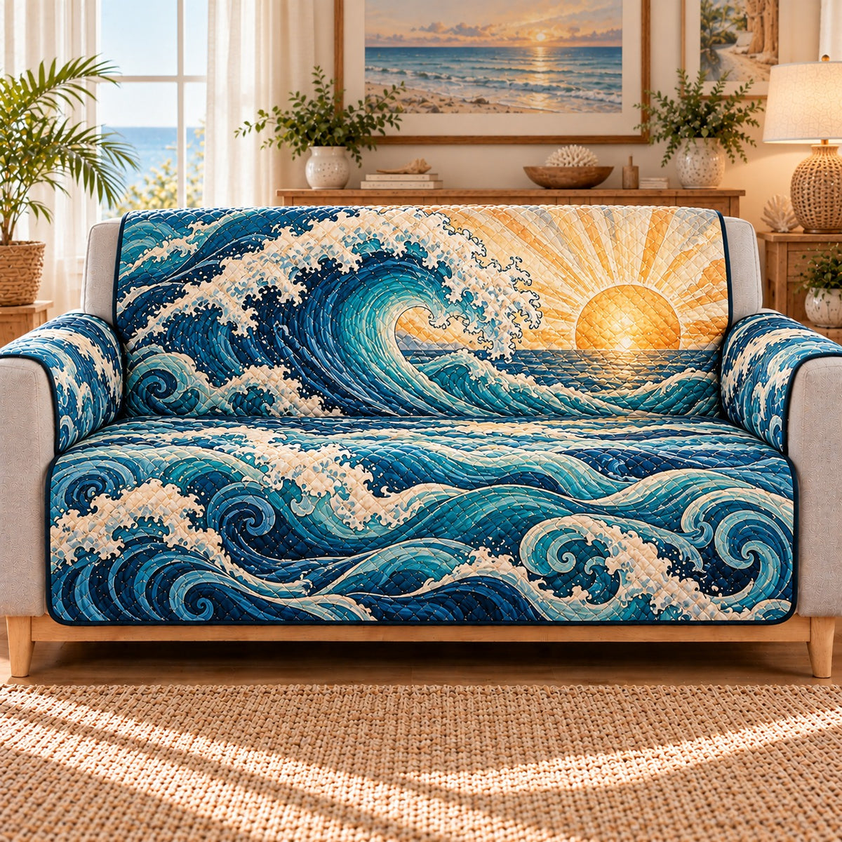 Sunrise Ocean Wave Quilt Set, Coastal Bedding Gift for Beach Lovers — front AI mockup