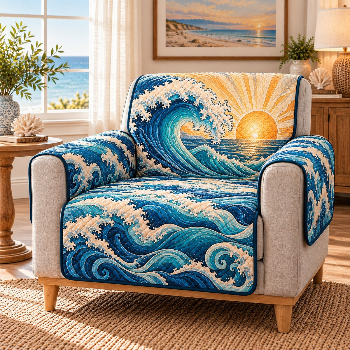 Sunrise Ocean Wave Quilt Set, Coastal Bedding Gift for Beach Lovers — alternate AI mockup
