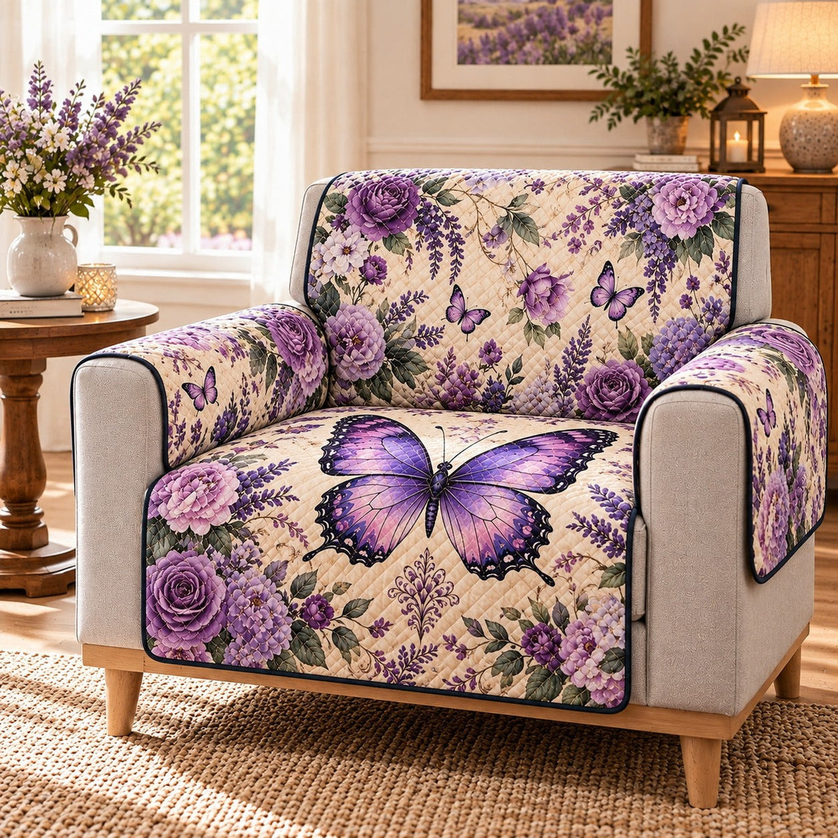 Purple Butterfly Rose Sofa Cover, AI-generated mockup