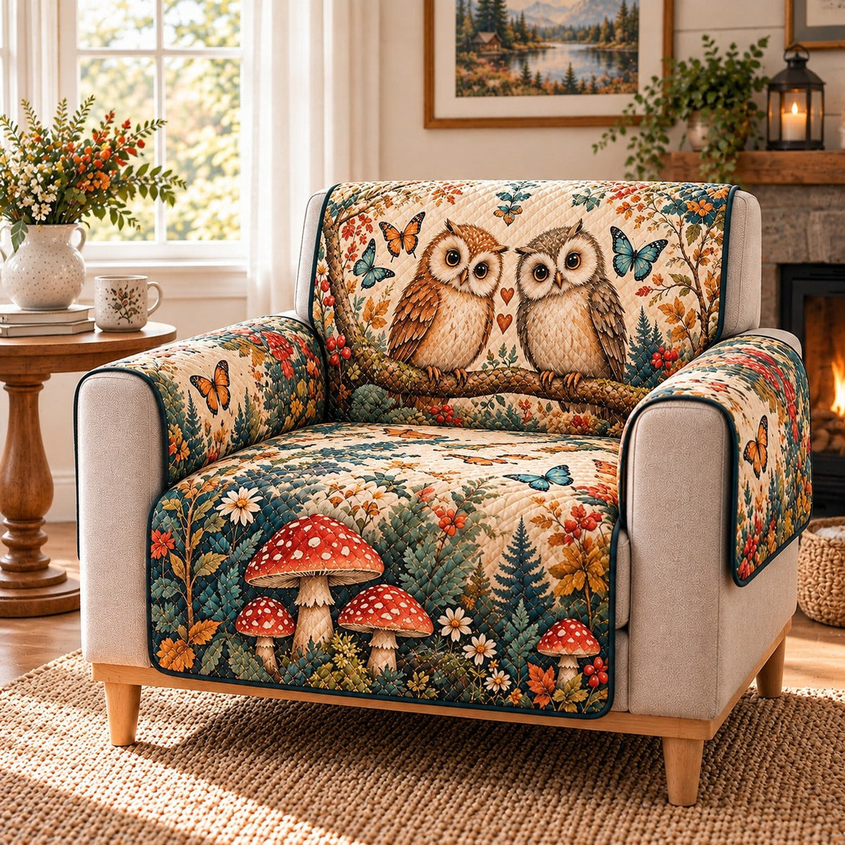 Woodland Owl Mushroom Sofa Cover, AI-generated mockup