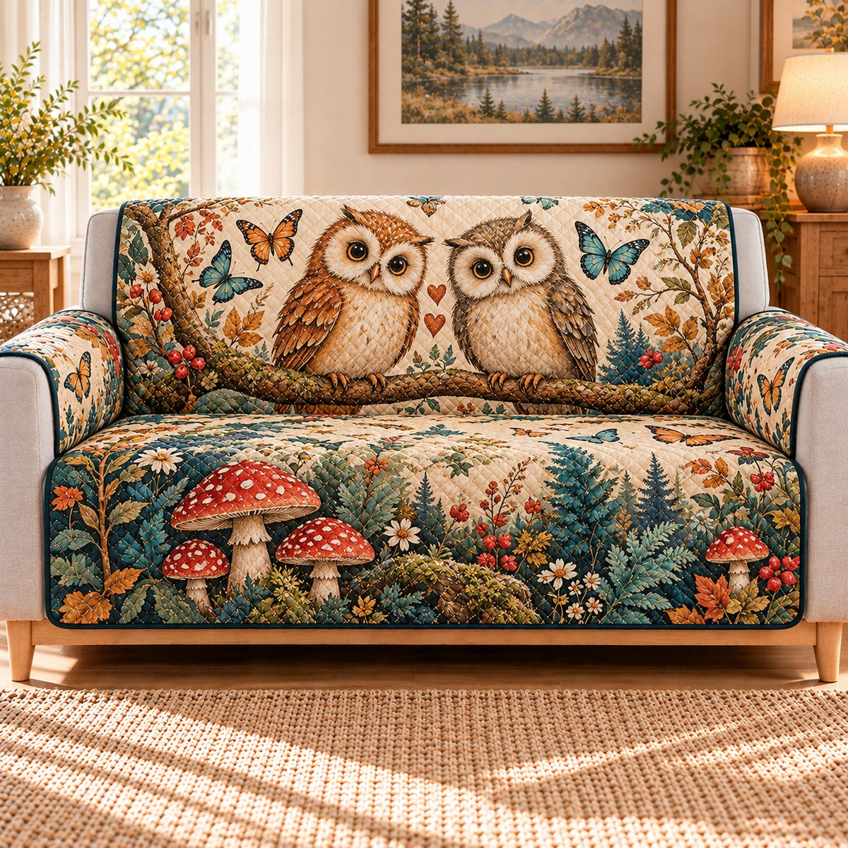 Woodland Owl Mushroom Quilt Set, Gift for Owl and Mushroom Lovers — alternate AI mockup