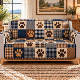 Plaid Paw Print Sofa Cover, Rustic Couch Gift for Pet Lovers