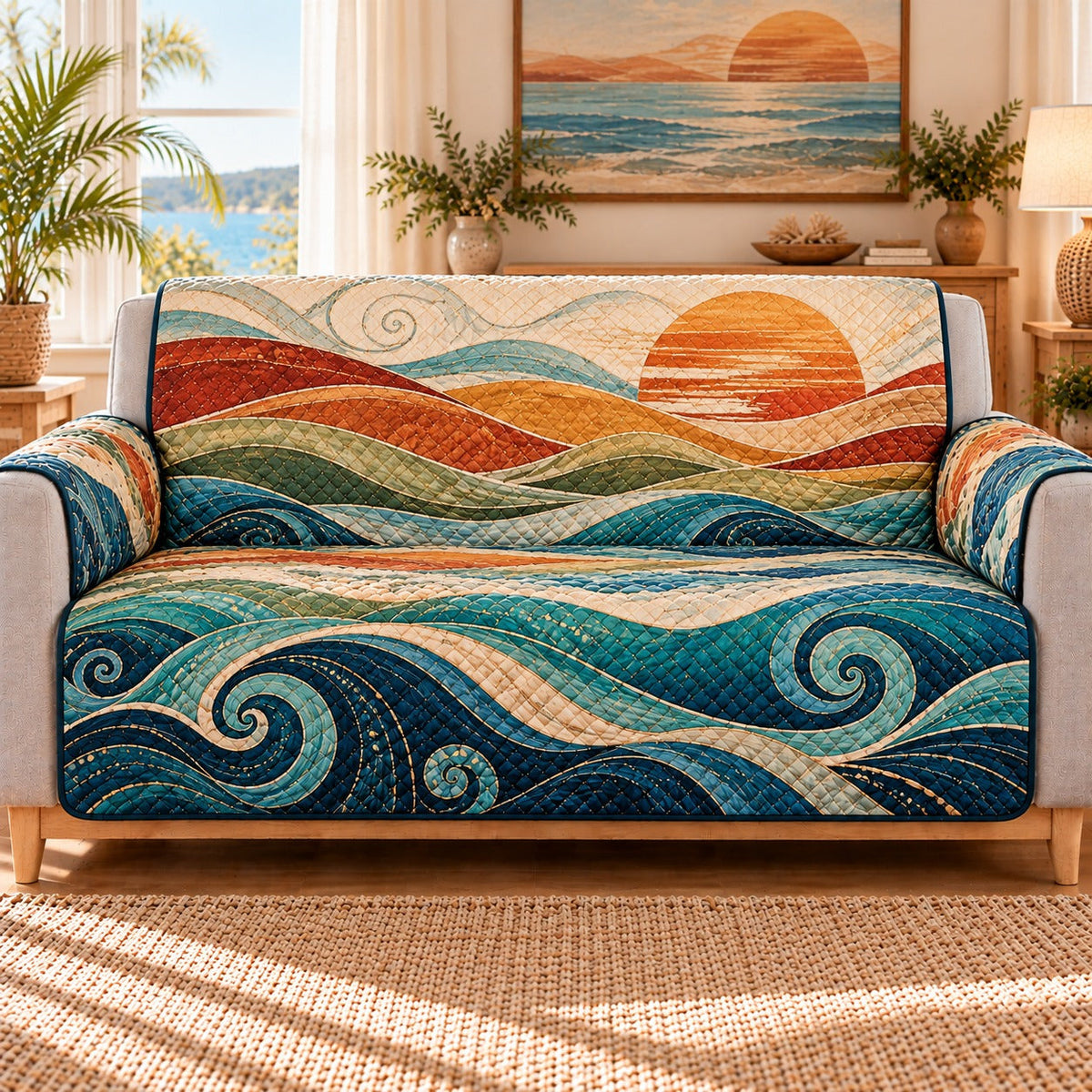 Coastal Sunset Wave Sofa Cover, AI-generated mockup