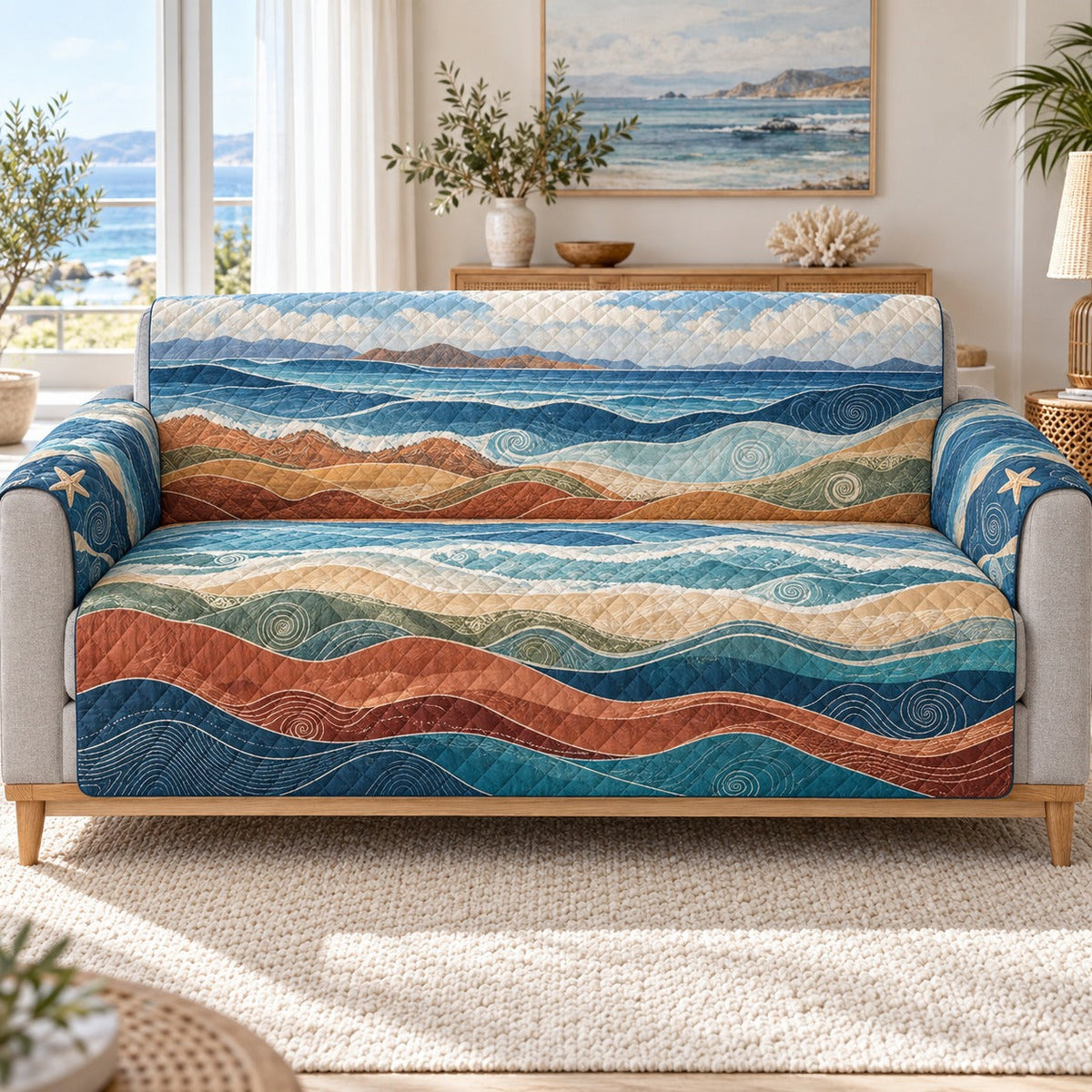 Layered Ocean Wave Sofa Cover, AI-generated mockup